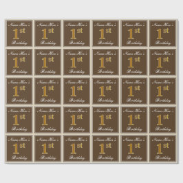 Papier Cadeau Elégant, Brown, Faux Gold 1er anniversaire + Nom