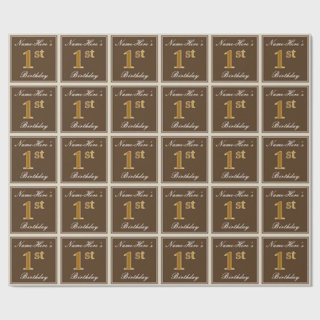 Papier Cadeau Elégant, Brown, Faux Gold 1er anniversaire + Nom (Plat)