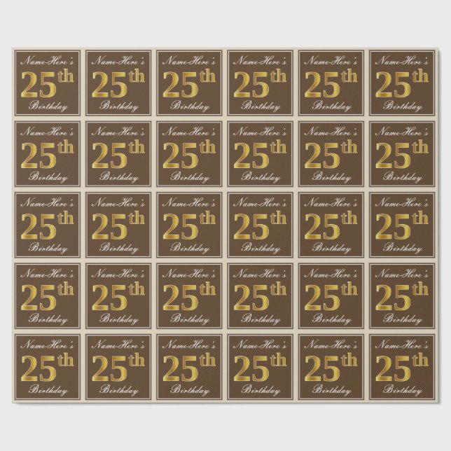 Papier Cadeau Elégant, Brown, Faux Gold 25e anniversaire + Nom (Plat)