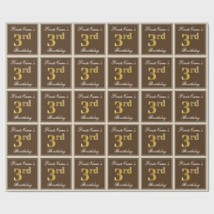 Papier Cadeau Elégant, Brown, Faux Gold 3ème anniversaire + Nom