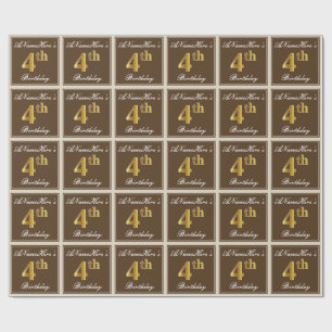 Papier Cadeau Elégant, Brown, Faux Gold 4ème anniversaire + Nom