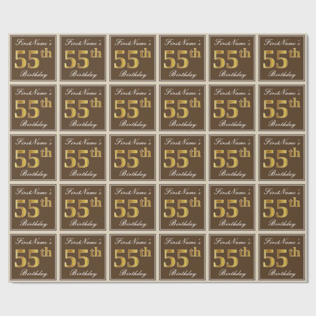 Papier Cadeau Elégant, Brown, Faux Gold 55ème anniversaire + Nom (Plat)