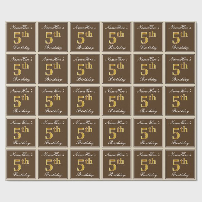 Papier Cadeau Elégant, Brown, Faux Gold 5ème anniversaire + Nom (Plat)
