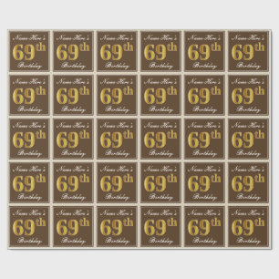 Papier Cadeau Elégant, Brown, Faux Gold 69e anniversaire + Nom