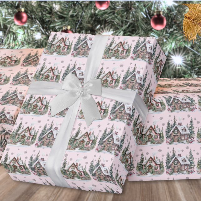 Papier Cadeau Élégant Cabine d'hiver rose pâle Noël (Elegant Winter Cabin Blush Pink Christmas Wrapping Paper)