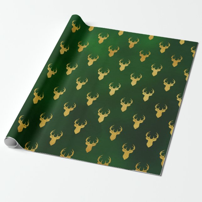 Papier Cadeau Elégant cadeau de Noël Gold Reindeer Motif Vert (Déroulé)