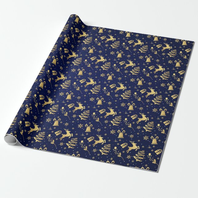 Papier Cadeau Élégant cadeau Motif de Noël bleu et or (Déroulé)