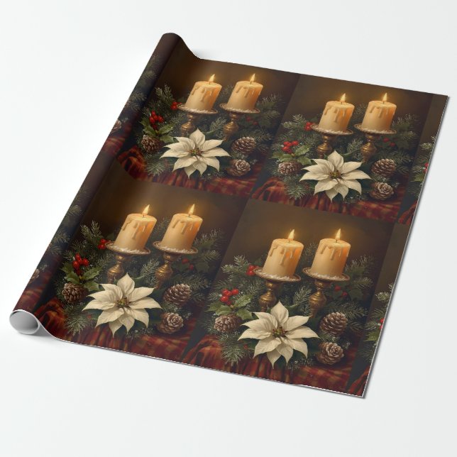 Papier Cadeau Elegant candle Christmas holly pine warm festive  (Déroulé)