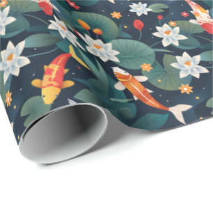 Papier cadeau élégant Carpe Koï et nénuphar sur fo