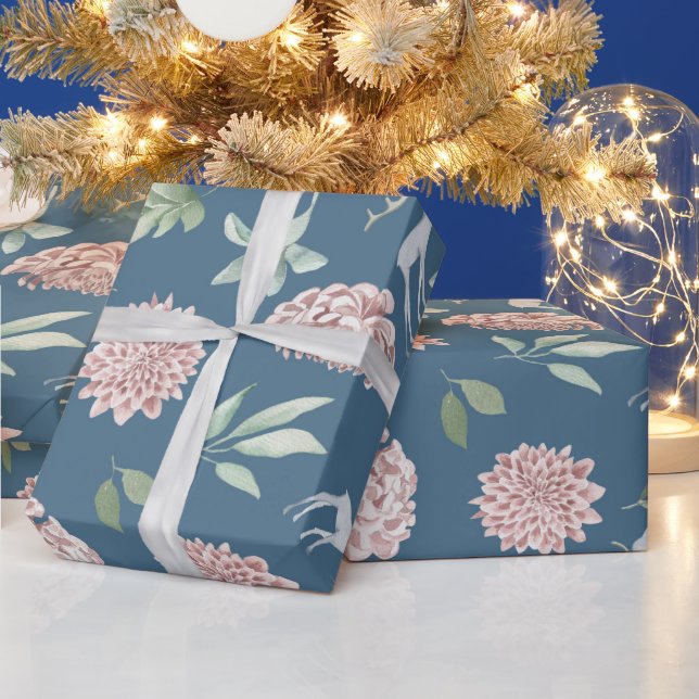 Papier Cadeau Élégant cerf de Noël bleu vert floral (Vacances)