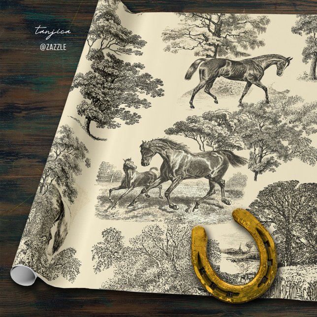 Papier Cadeau Élégant Cheval Rustique Arbres Toile Beige Sans Se (Créateur téléchargé)