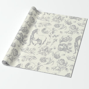 Papier Cadeau Élégant Cheval Vintage d'ivoire gris modèle floral
