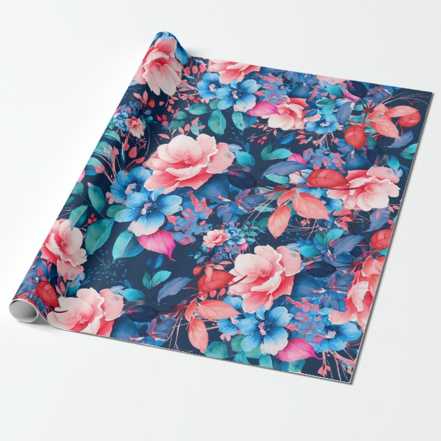 Papier Cadeau Elégant Chic Aquarelle Floral Anniversaire Marine  (Déroulé)