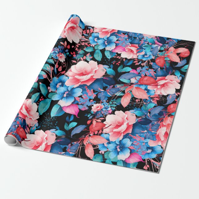 Papier Cadeau Elégant Chic Aquarelle Florale Anniversaire Noir (Déroulé)