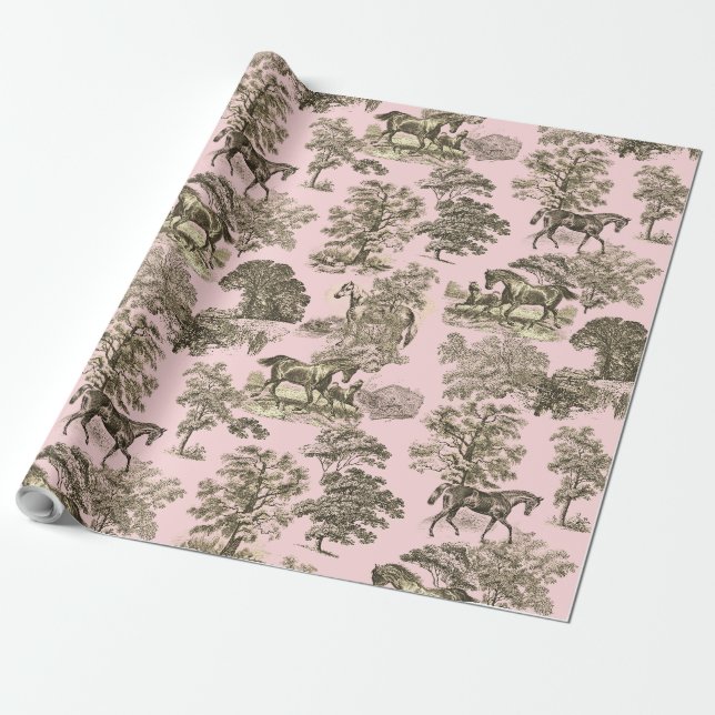 Papier Cadeau Elégant Chic Girly Beige Rose Horse Toile (Déroulé)