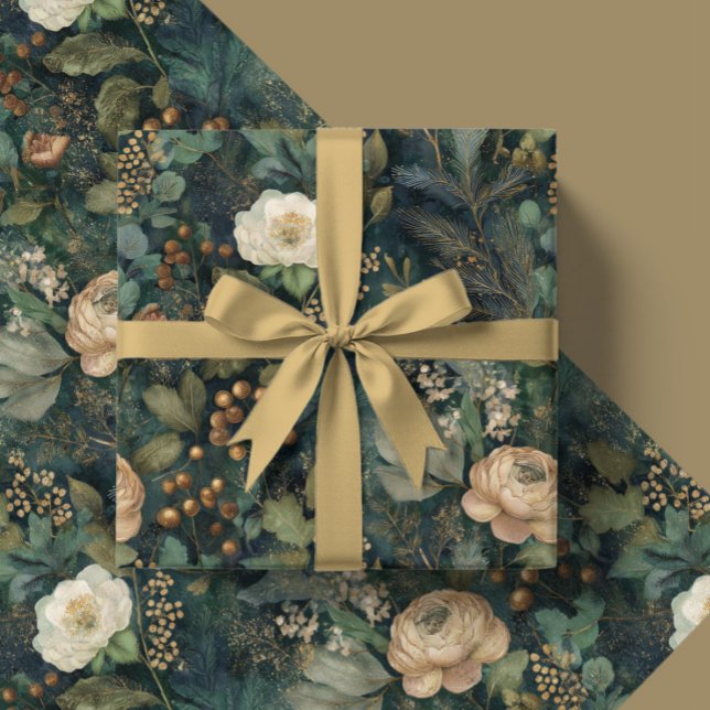 Papier Cadeau Elegant Christmas Winter Green and Cream Floral (Créateur téléchargé)