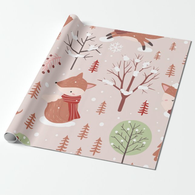 Papier Cadeau Élégant classique Arbre de Noël Fox Motif (Déroulé)