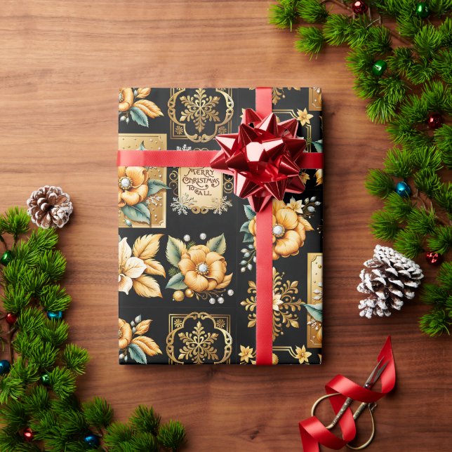 Papier Cadeau Élégant collage de Noël Gold sur noir (Cadeau de vacances)