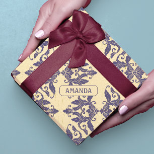 Papier Cadeau Élégant damas toile vintage bleu marine jaune