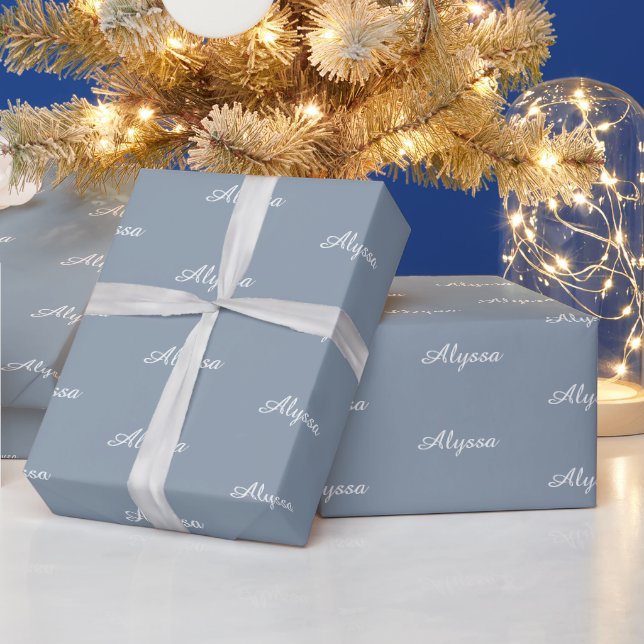 Papier Cadeau Elegant Dusty bleu script personnalisé nom chic (Vacances)