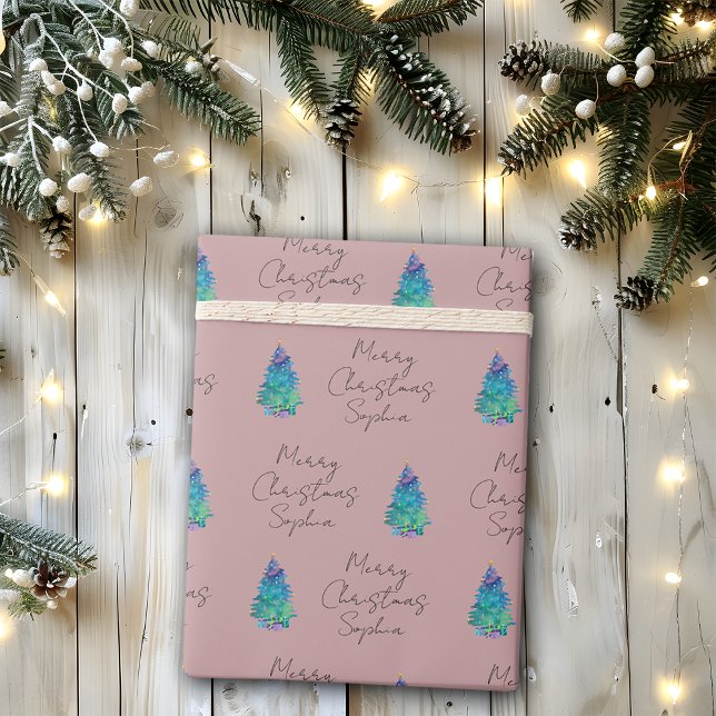 Papier Cadeau Elégant Dusty Rose Personnalisé Joyeux Arbre de No (Créateur téléchargé)