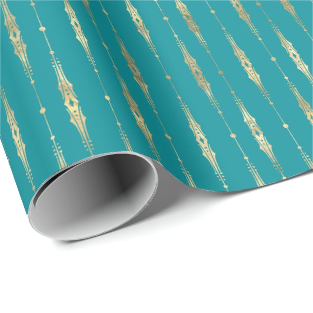 Papier Cadeau Élégant élégant Turquoise Motif or (Coin rond)