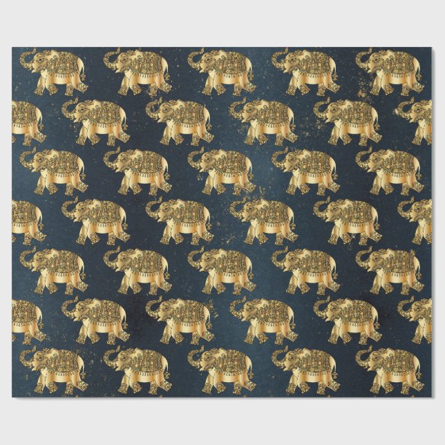 Papier Cadeau Elégant Eléphant Floral Paisley Or, Bleu foncé (Plat)