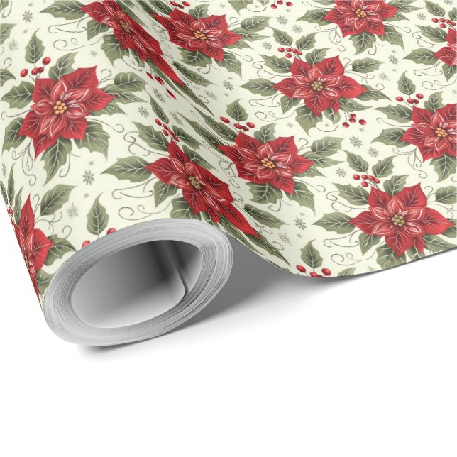 Papier Cadeau Élégant Enveloppement de cadeau de Noël Poinsettia (Coin rond)