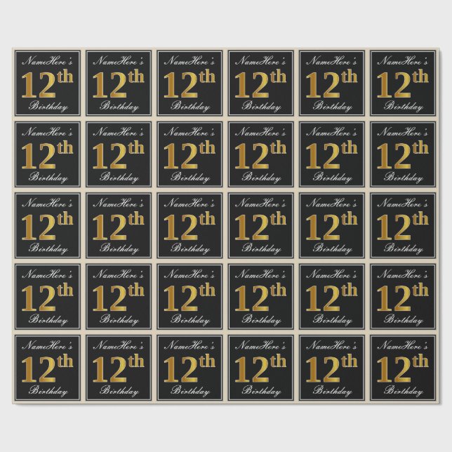 Papier Cadeau Elégant, Faux Gold 12ème anniversaire + Nom person (Plat)
