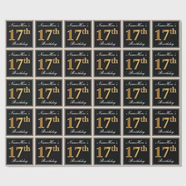 Papier Cadeau Elégant, Faux Gold 17e anniversaire + Nom personna (Plat)