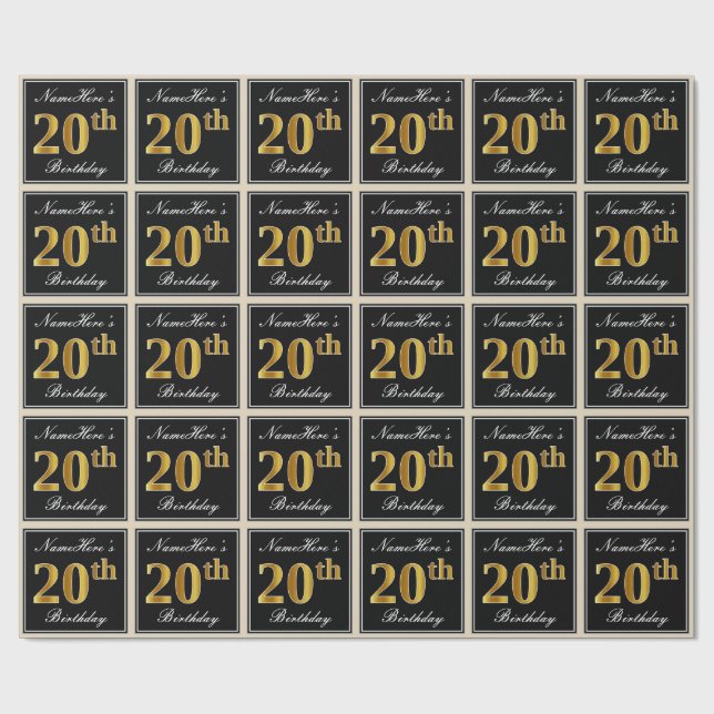 Papier Cadeau Elégant, Faux Gold 20e anniversaire + Nom personna (Plat)