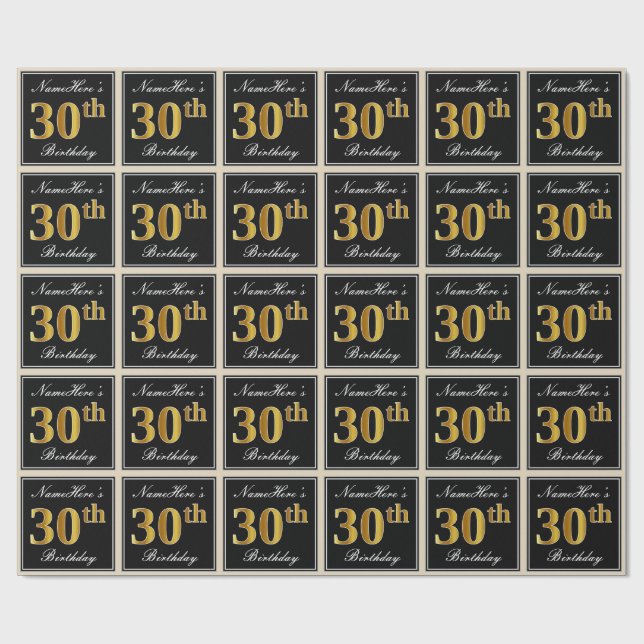 Papier Cadeau Elégant, Faux Gold 30e anniversaire + Nom personna (Plat)