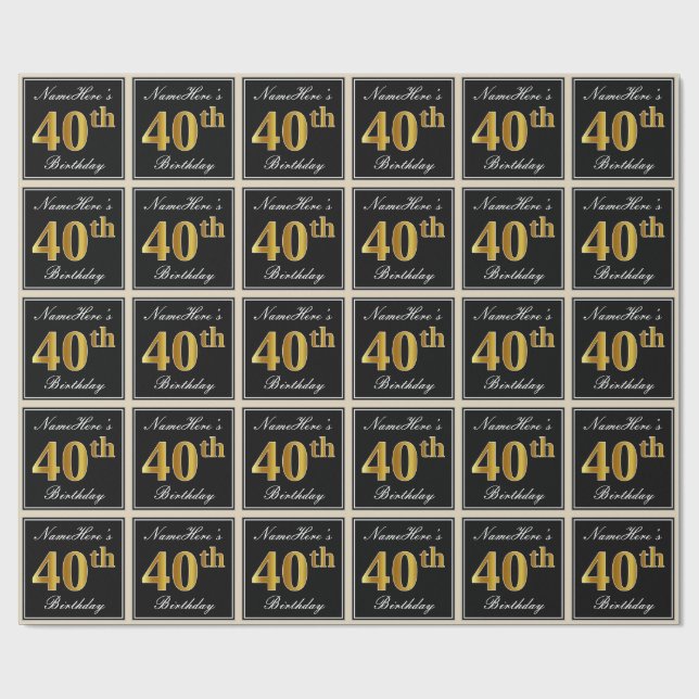 Papier Cadeau Elégant, Faux Gold 40e anniversaire + Nom personna (Plat)