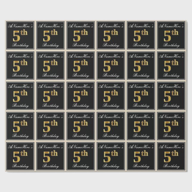 Papier Cadeau Elégant, Faux Gold 5e anniversaire + Nom personnal (Plat)