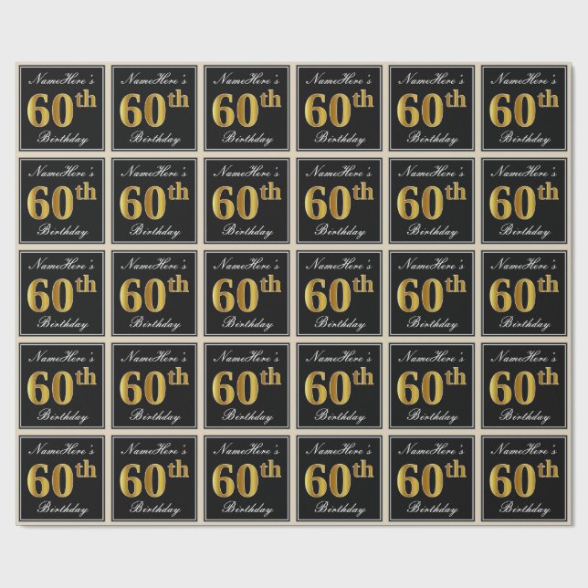 Papier Cadeau Elégant, Faux Gold 60e anniversaire + Nom personna (Plat)