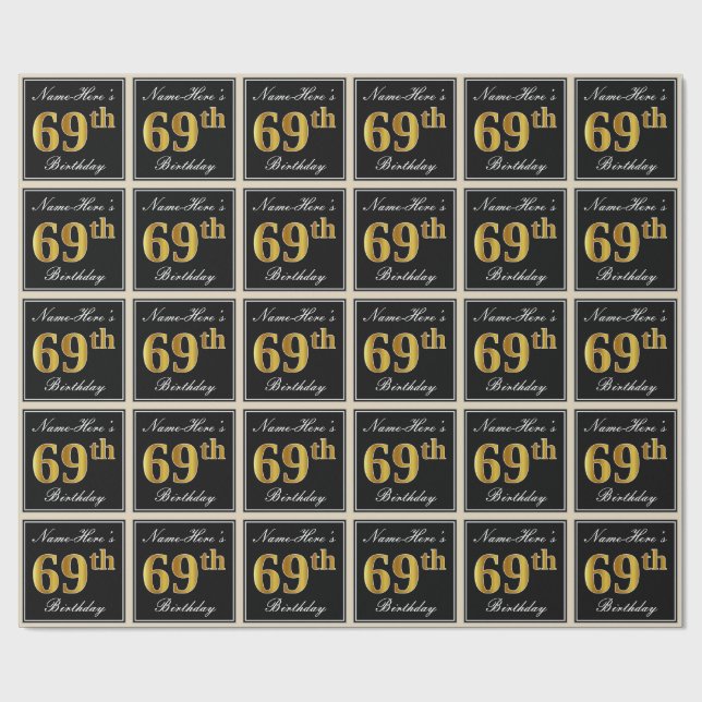 Papier Cadeau Elégant, Faux Gold 69e anniversaire + Nom personna (Plat)