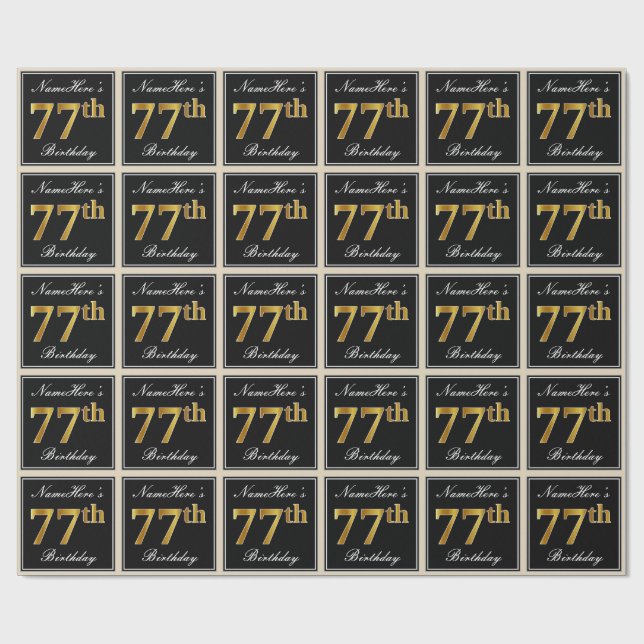 Papier Cadeau Elégant, Faux Gold 77e anniversaire + Nom personna (Plat)