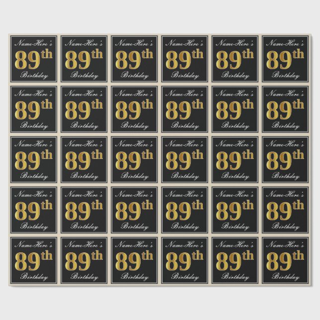 Papier Cadeau Elégant, Faux Gold 89e anniversaire + Nom personna (Plat)