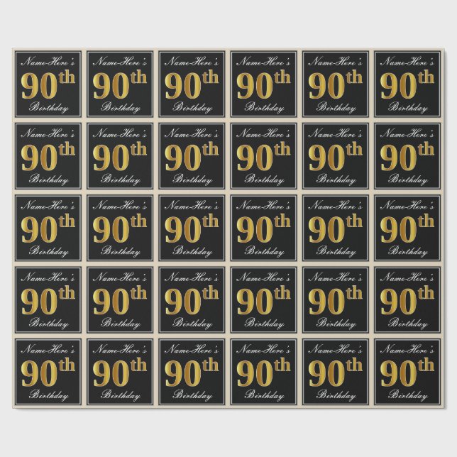 Papier Cadeau Elégant, Faux Gold 90e anniversaire + Nom personna (Plat)