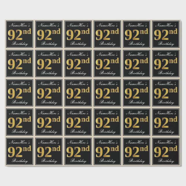 Papier Cadeau Elégant, Faux Gold 92e anniversaire + Nom personna (Plat)