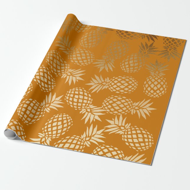 Papier Cadeau élégant faux or motif d'ananas tropical (Déroulé)