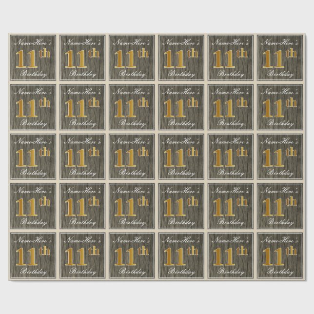 Papier Cadeau Elégant, Faux Wood, Faux Gold 11ème Anniversaire + (Plat)