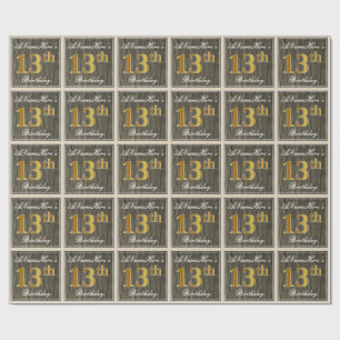 Papier Cadeau Elégant, Faux Wood, Faux Gold 13e anniversaire + N