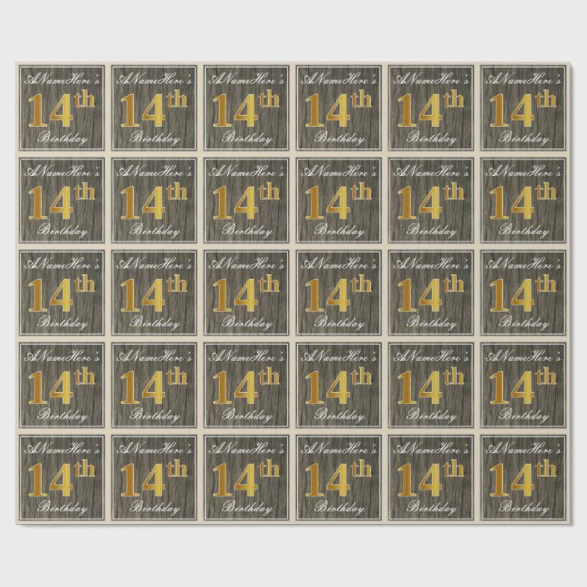 Papier Cadeau Elégant, Faux Wood, Faux Gold 14ème Anniversaire + (Plat)
