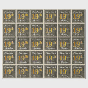 Papier Cadeau Elégant, Faux Wood, Faux Gold 19e Anniversaire + N