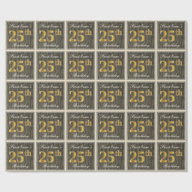 Papier Cadeau Elégant, Faux Wood, Faux Gold 25e Anniversaire + N (Plat)