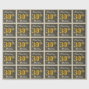 Papier Cadeau Elégant, Faux Wood, Faux Gold 30e Anniversaire + N