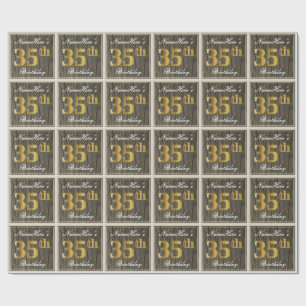 Papier Cadeau Elégant, Faux Wood, Faux Gold 35e Anniversaire + N