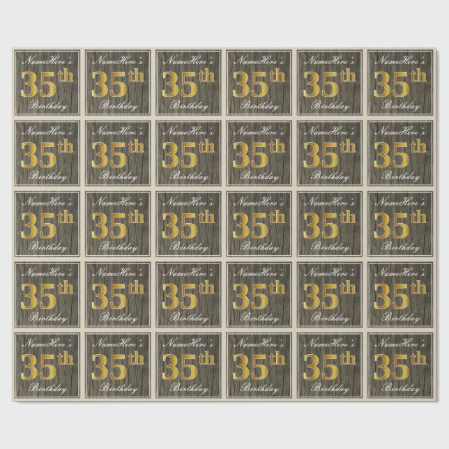 Papier Cadeau Elégant, Faux Wood, Faux Gold 35e Anniversaire + N (Plat)