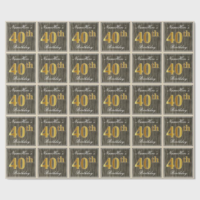 Papier Cadeau Elégant, Faux Wood, Faux Gold 40e Anniversaire + N (Plat)